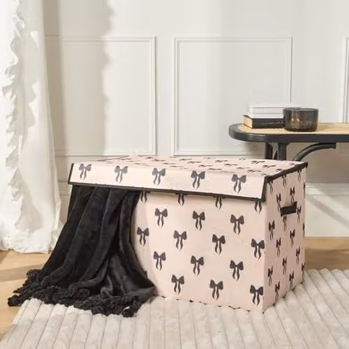 OHS Large Collapsible Fabric Storage Box with Lid in Black and White