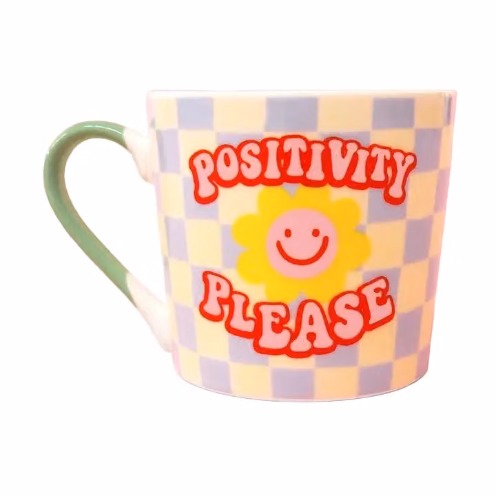 Eleanor Bowmer Good Vibes Positivity Please Mug in Blue, Green and Multicolour