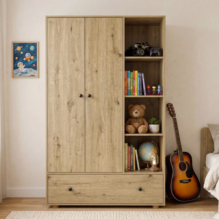 DHS Kids Triple Wardrobe with Drawers and Open Shelves in Brown, H 176 x W 102 x D 50 cm