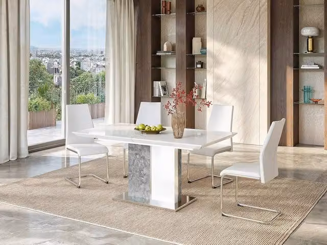 Vente-unique Extendable Rectangular Dining Table in Grey and White with Butterfly Leaf and Central Column, W/D/H: 100 x 90 x 75.5 cm