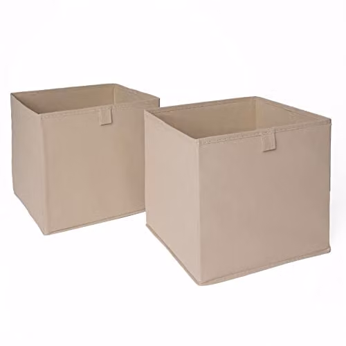 OHS Set of 2 Fabric Folding Cube Storage Boxes with Handles, Beige, W/D/H: 27 x 27 x 27 cm