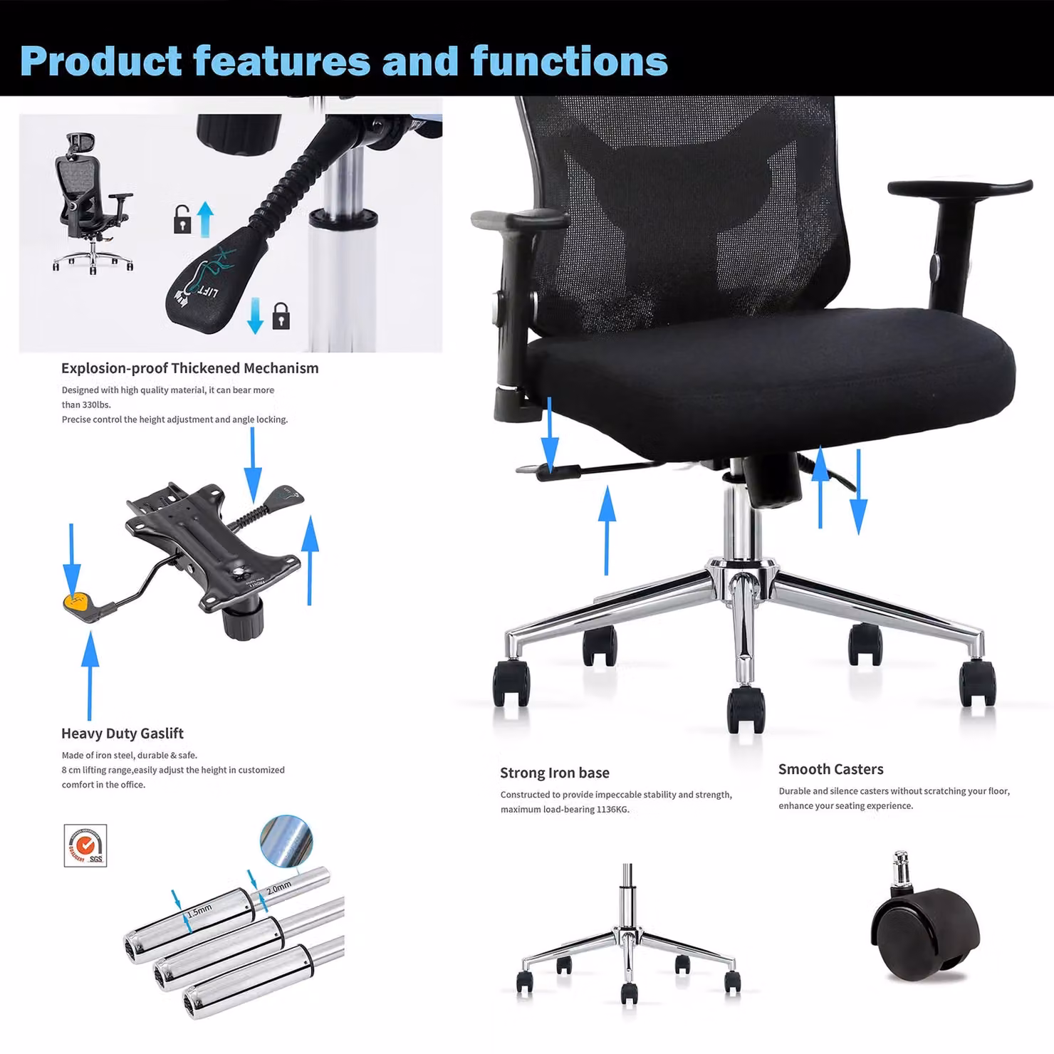 JFY Ergonomic Black Mesh Office Chair with Headrest and Armrests – 5