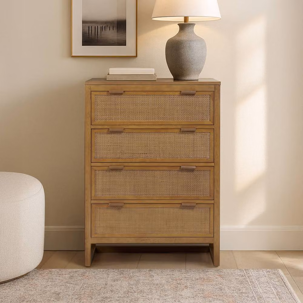 Teamson Home Hatteras 4 Drawer Bedroom Dresser with Rattan Inset Drawers in Natural Acacia Veneer Finish – 3