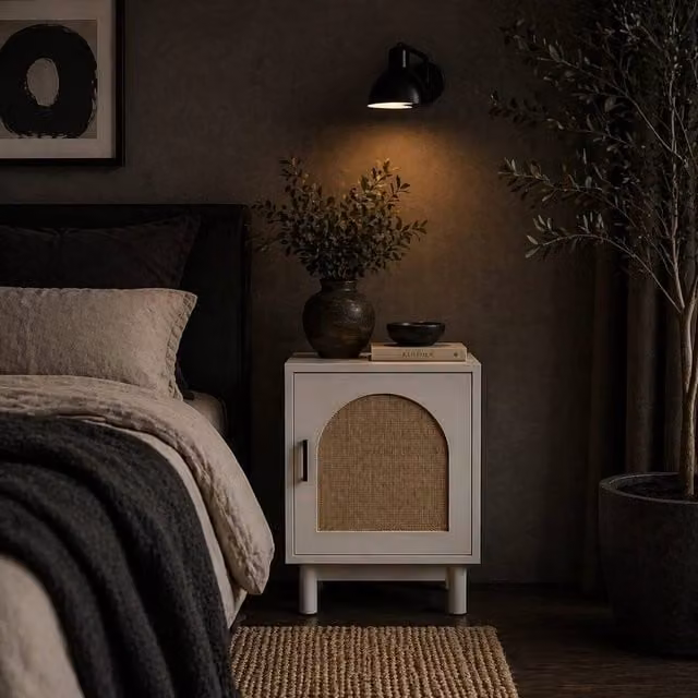 Wyld Haus Luna White Wooden Rattan Bedside Table with Arched Hinged Doors and Adjustable Shelves W/D/H: 40 x 35 x 58 cm – 1