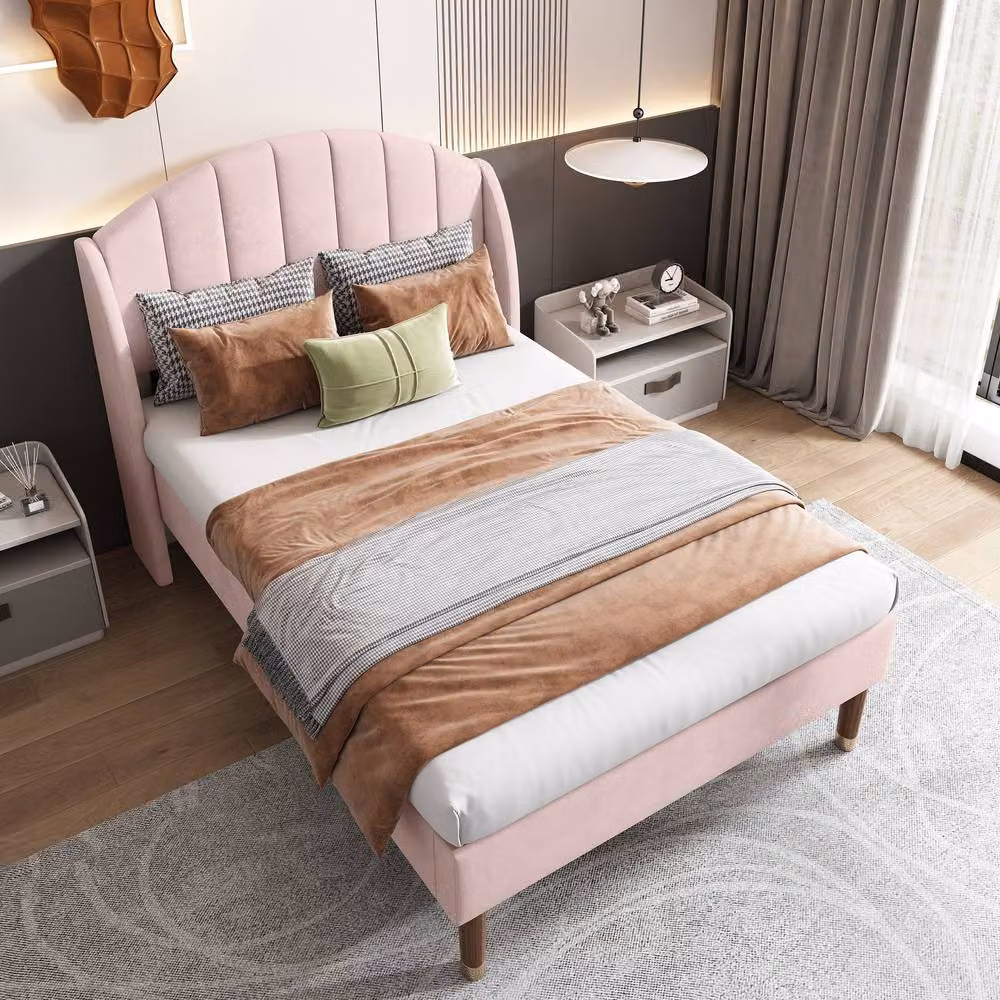 Merax Single Wingback Velvet Upholstered Bed in Pink, W/D/H: 90 x 190 cm – 2