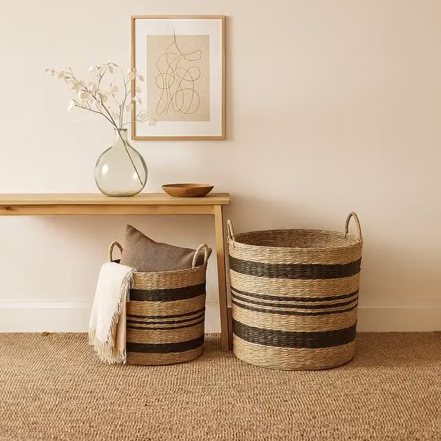 Orsina Set of 2 Striped Seagrass Storage Baskets in Natural and Black, W/D/H: 45 x 45 x 45 cm – 1