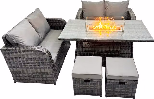 Fimous 6-Seater Rattan Garden Furniture Dining Set with 2 Small Stools in Dark Grey