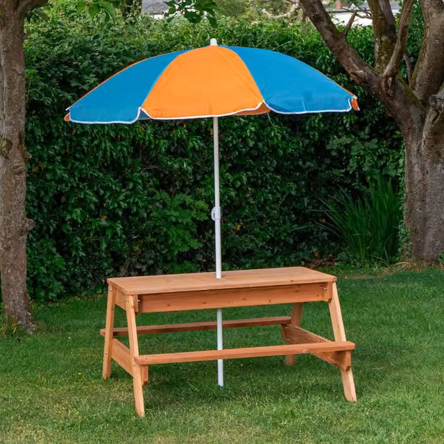 Samuel Alexander Kids Outdoor Wooden Picnic and Activity Table with Removable Plastic Trays and Parasol in Multicolour
