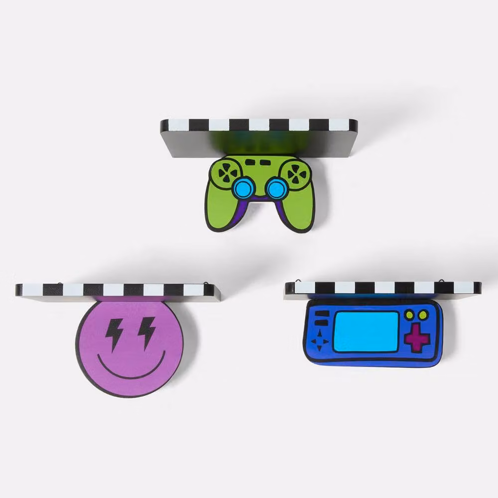 OHS Multicolour Set of 3 Abstract Gaming Novelty Floating Wall Shelves for Childrens Bedrooms – 2
