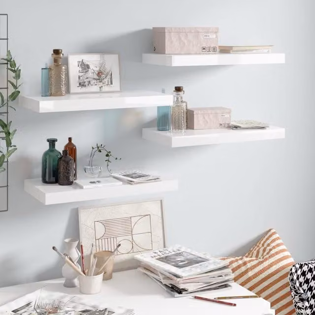 Berkfield Home Set of 4 Floating Wall Shelves in High Gloss White MDF, W: 50 cm, D: 23 cm, H: 4 cm – 1