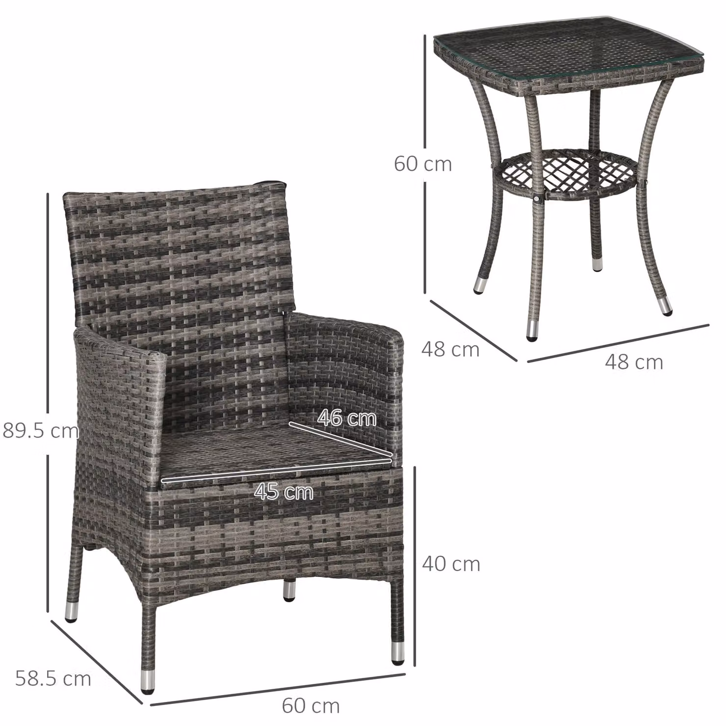 Outsunny 3 Piece Rattan Garden Bistro Set with Cushions in Light Grey – 3