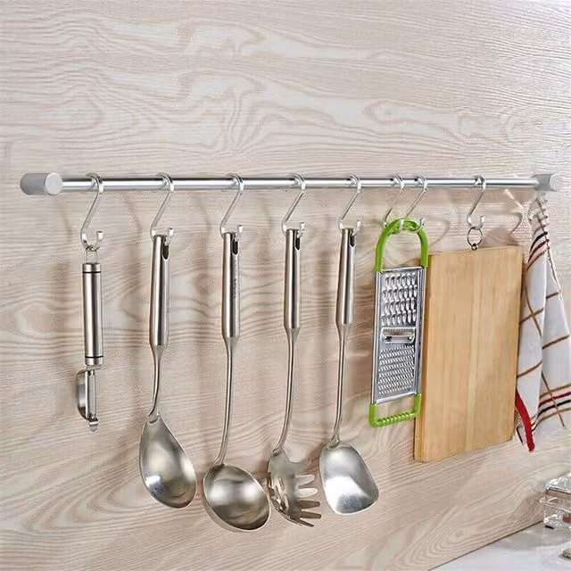 Nordara Silver Stainless Steel Wall Mounted Kitchen Utensil and Pan Hanging Rail with 12 Hooks, Width: 53 cm – 1