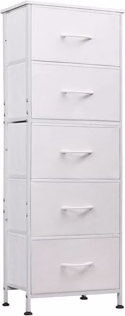 VOGREX Rustic Wood Top Tall 5-Drawer Fabric Bathroom Storage Chest in White