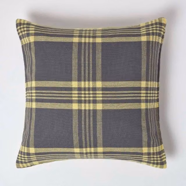 Homescapes Cotton Square Cushion Cover in Grey and Yellow, W/D/H: 60 x 60 x 60 cm
