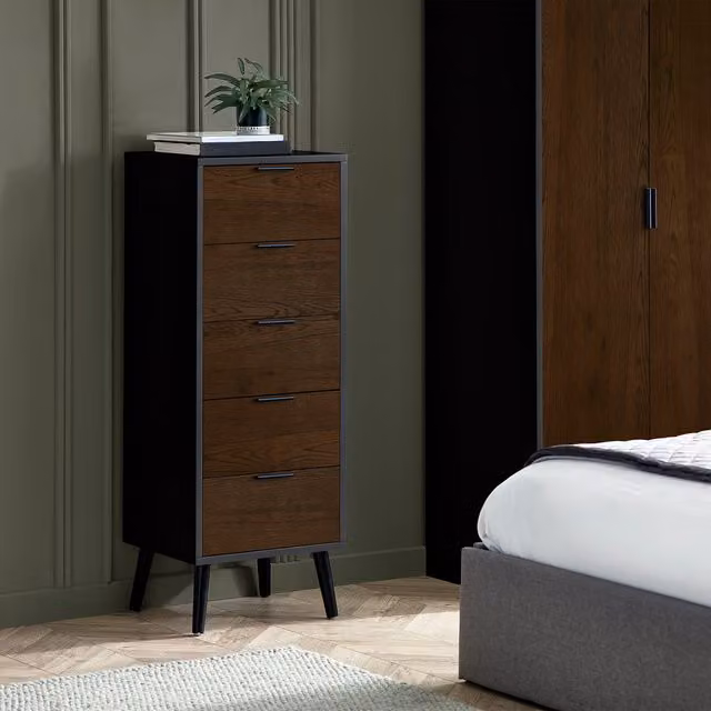 Julian Bowen Alba 5 Drawer Chest in Walnut and Black with Soft Close Drawers