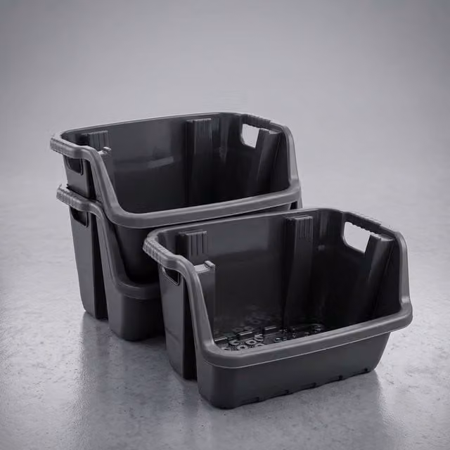 Storm Trading Group Set of 3 Large Black Heavy Duty Industrial Open-Front Storage Crates, Stackable Plastic Picking Bins with Handles