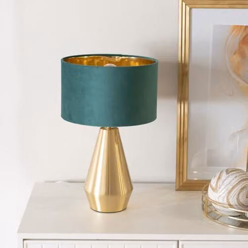 ValueLights Jax Antique Brass Touch Table Lamp with Green Velvet and Gold Inner Shade – 2