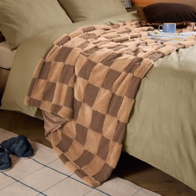 Furn Faux Fur Boucle Checked Throw in Chocolate, W: 140 cm, D: 180 cm