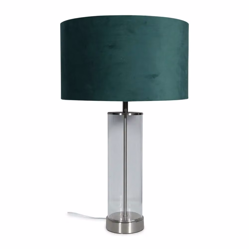 ValueLights Balan Glass and Brushed Chrome Table Lamp with Green Velvet Drum Shade and Included LED Bulb – 1