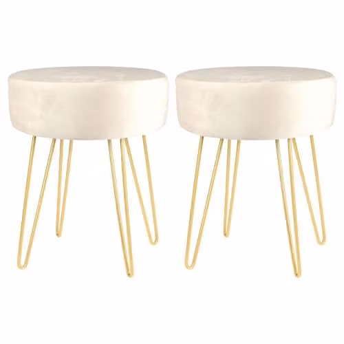Harbour Housewares Pack of 2 Round Velvet Footstools in Cream with Gold Legs, H41 x D45 cm – 1