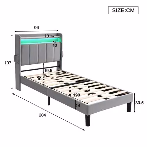 Matteo Grey Velvet Upholstered Single Bed with Under-Bed LED Lighting and USB Charging Ports, W/D/H: 190 x 90 x 107 cm – 3