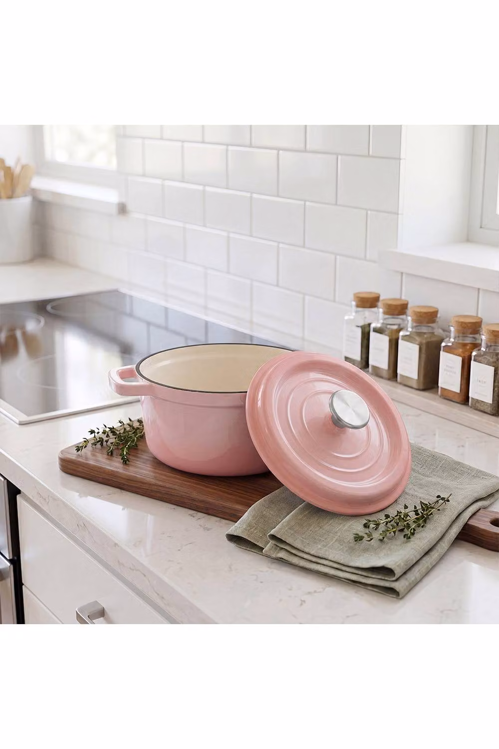 Living and Home Enamelled Cast Iron Dutch Oven Casserole Pot with Glass Lid, Pink, 6 l – 2