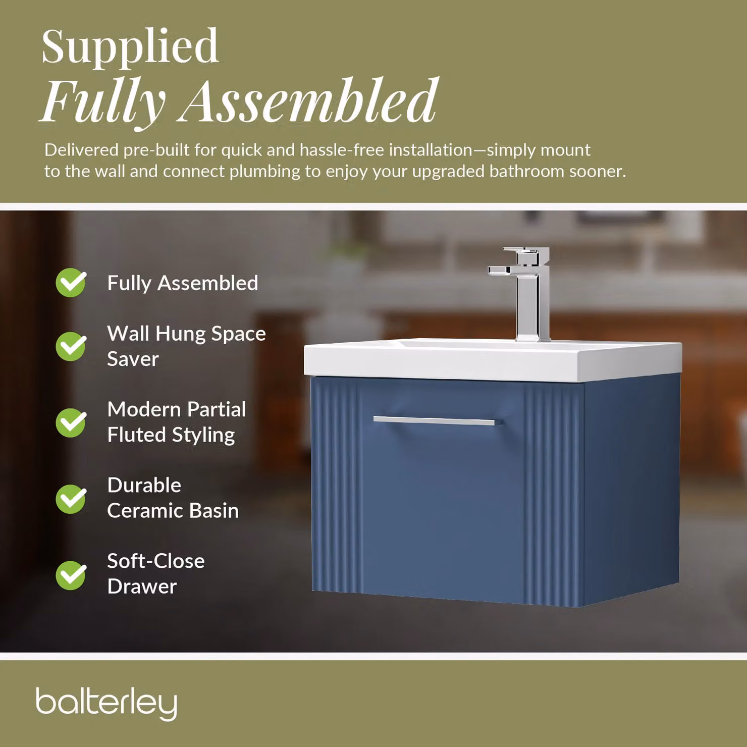 Balterley Wall Hung 1 Drawer Vanity Unit with Mid-Edge Basin, Satin Blue – 4