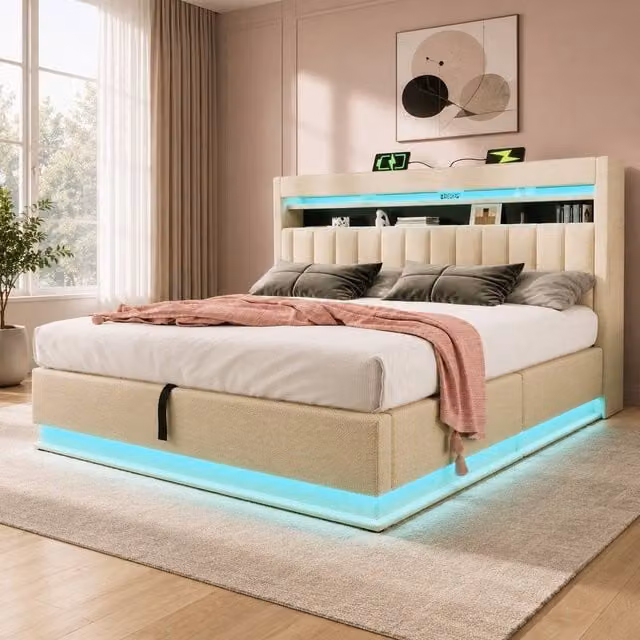 STILVORA Super King Upholstered Bed with LED Lighting, Storage and USB Charging Port in Beige, W: 180 cm, D: 200 cm, H: 111 cm