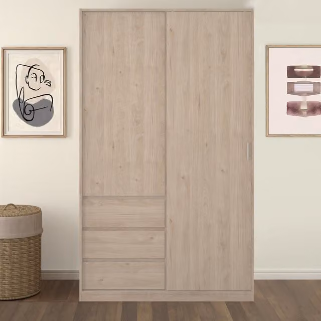 Furniture To Go Naia Modern 2-Door Oak Wardrobe with Integrated Drawers and Hanging Rod in Brown and Beige