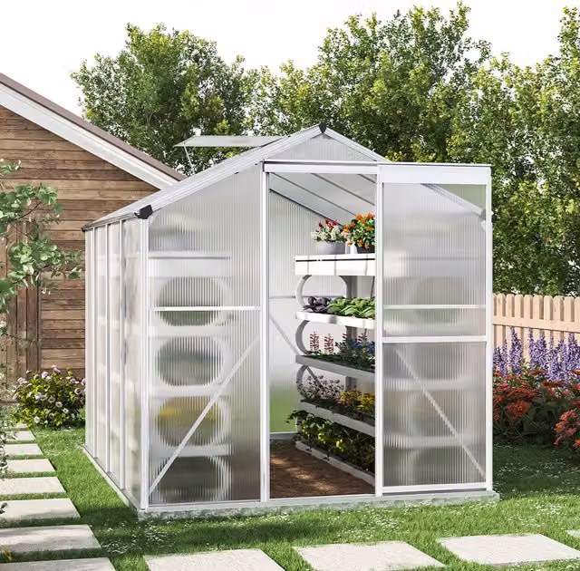 Livingandhome White Aluminium Framed Garden Greenhouse with Polycarbonate Panels and Vent, W/D/H: 253.5 x 190 x 253.5 cm