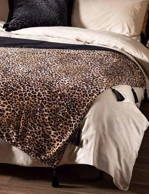 Rockett St George Velvet Leopard Love Tasselled Throw in Black and Multicolour