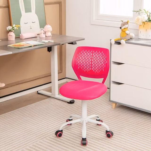 Costway Ergonomic Pink Fabric School Desk Chair with Adjustable Height and Swivel Castors – 1