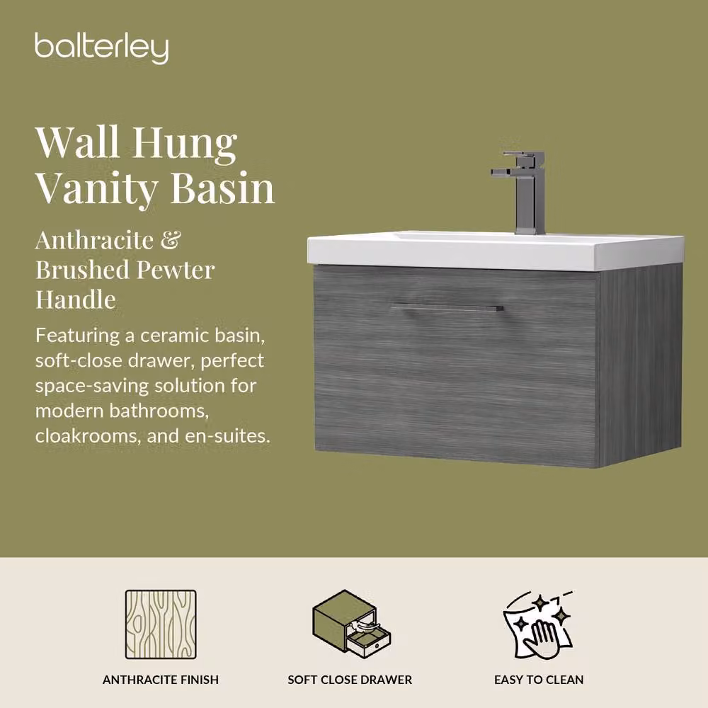 Balterley 600mm Wall Hung 1 Drawer Vanity in Woodgrain Anthracite Grey with Pewter Handle – 2