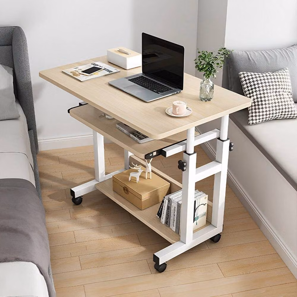 VOGREX Adjustable Height Mobile Computer Desk with Shelves and Keyboard Tray in Beige – 2