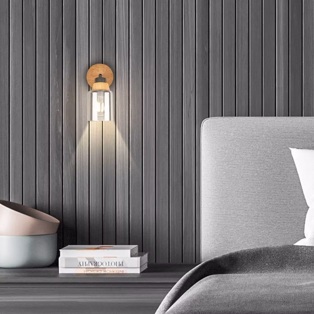 Briloner Black and Wood Adjustable E27 Wall Light with Glass Cylinder Spotlight for Reading in the Hallway, Bedroom or Living Room – 3