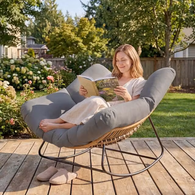 Outsunny Modern Rattan and Steel Rocking Chair with Cushion in Grey