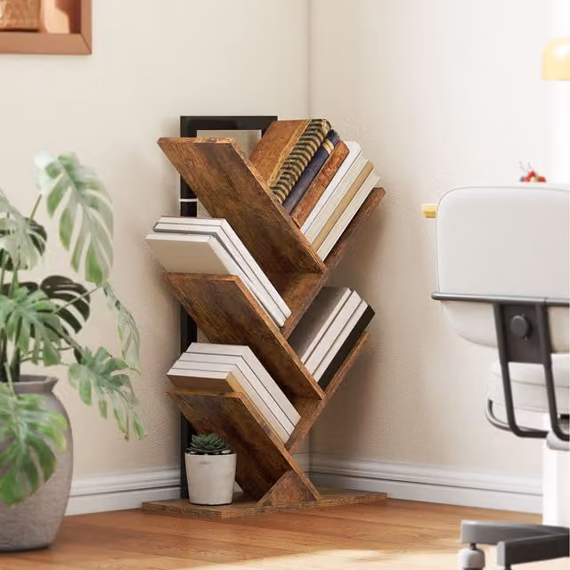 HOMCOM 5-Tier Brown Ladder Tree Bookshelf with Media Compartments