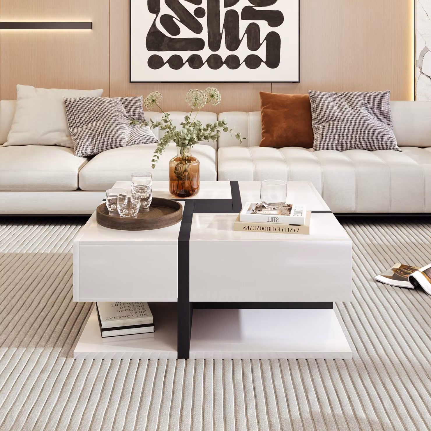 Aosom.UK White Modern Square Coffee Table with 4 Drawers and Open Storage, W/D/H: 78 x 78 x 36 cm – 3