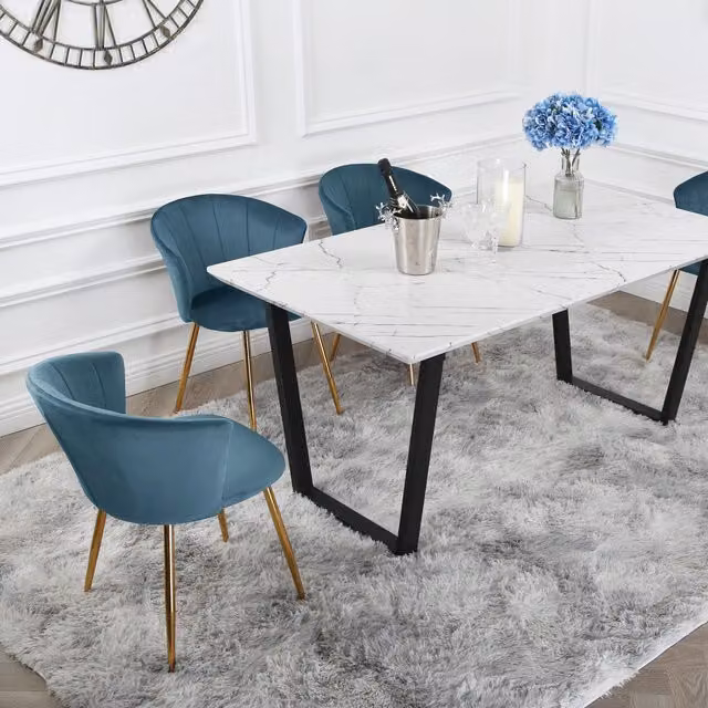 Atlas Marble Dining Table with Four Mill Chairs in Petrol Velvet and Gold Legs