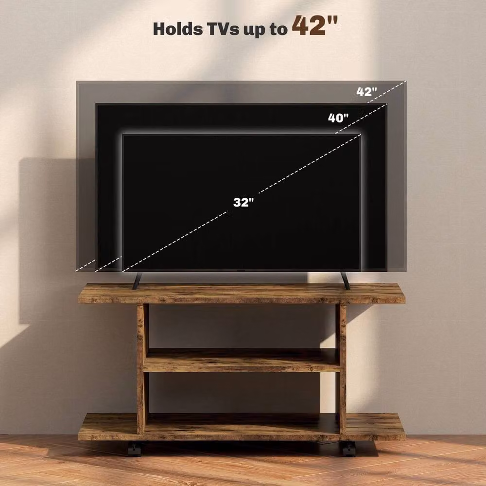 NESTLUNE Modern Rustic Brown TV Cabinet Stand with Storage Shelves and Castors, W: 100 cm, D: 60 cm, H: 60 cm – 3