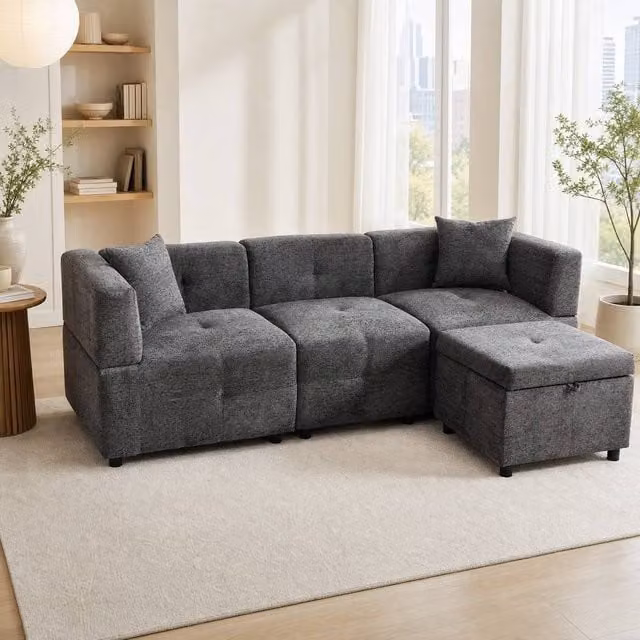 STILVORA Grey 4-Seater Reversible L-Shape Sectional Fabric Sofa with Matching Storage Ottoman and Solid Wood Frame – 1