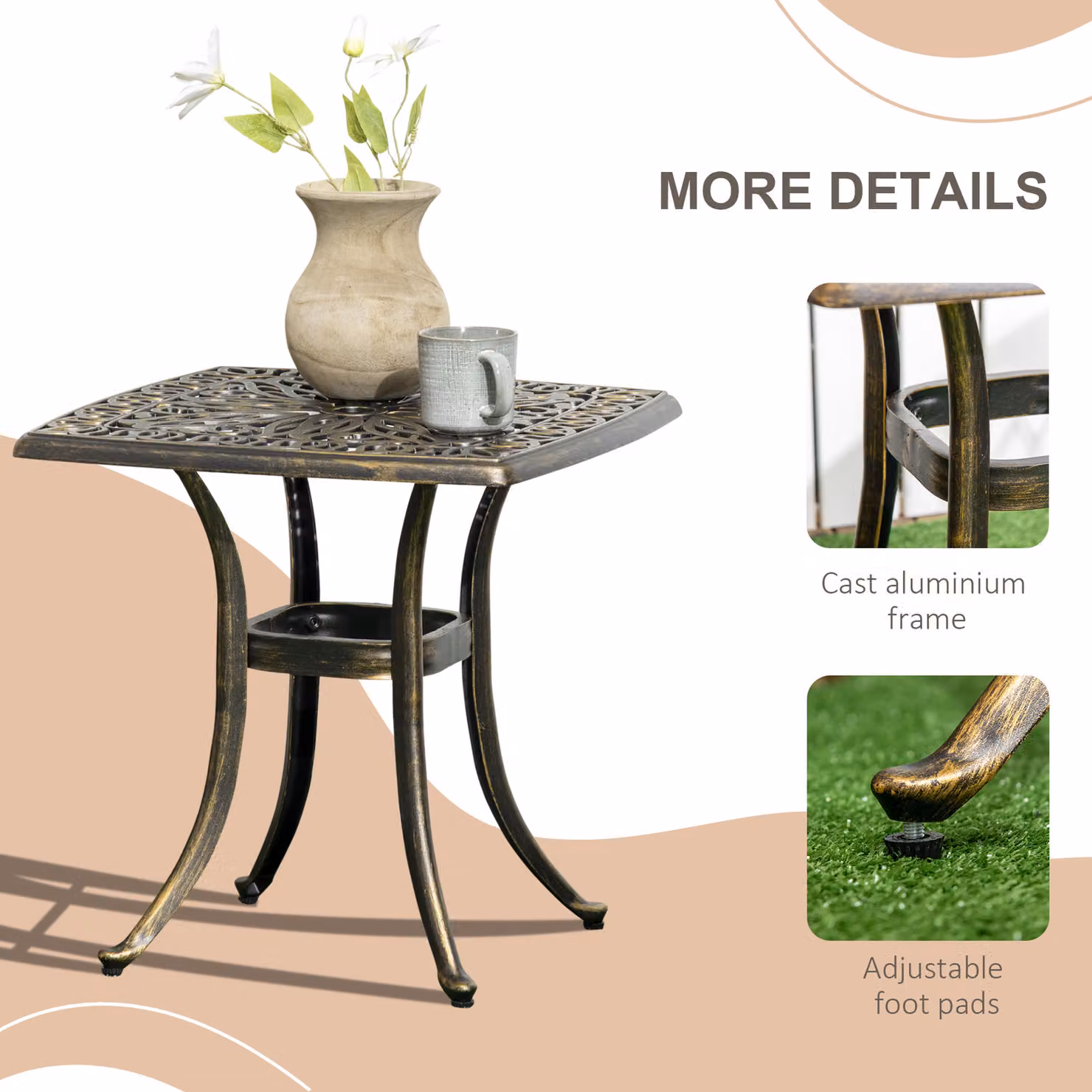 Outsunny Bronze Cast Aluminium Square Patio Side Table with 38mm Umbrella Hole, W/D/H: 54 x 54 x 52.5 cm – 5