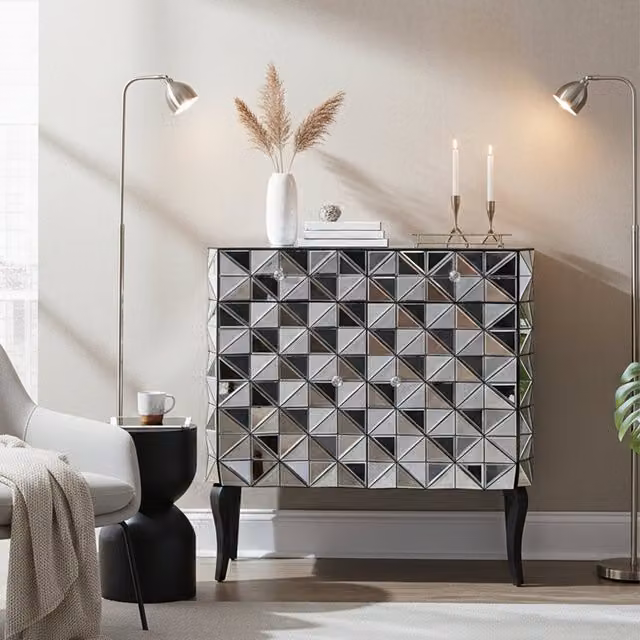 Orsina Contemporary Silver Glossy Geometric Wooden Storage Cabinet and Sideboard