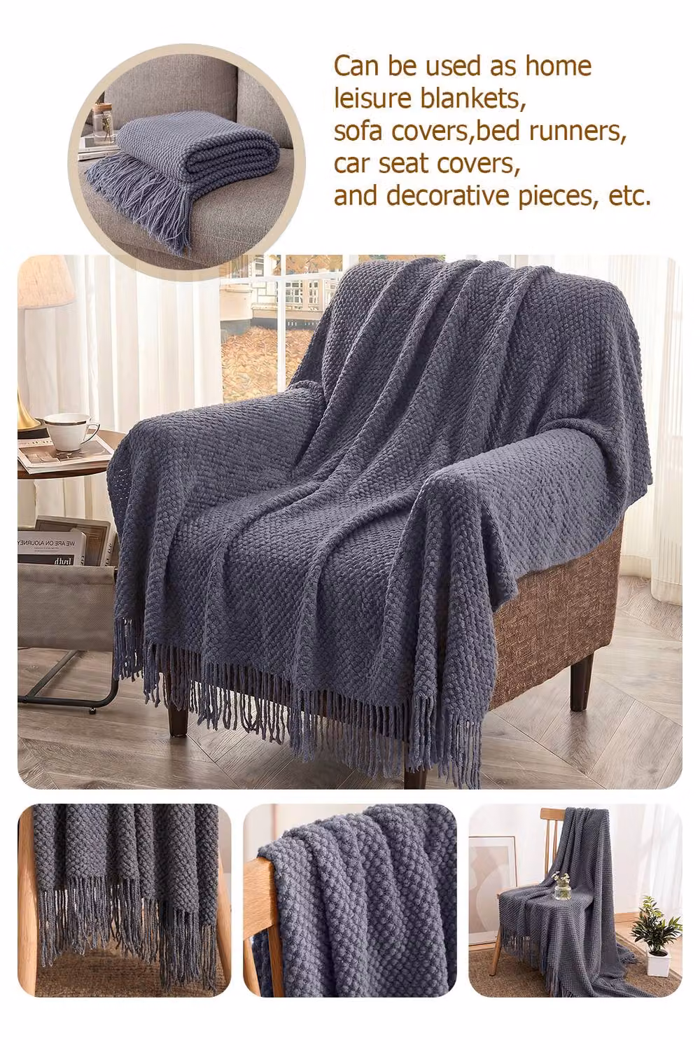 Garden Sanctuary Grey Knitted Polyacrylic Throw Blanket with Fringes, W/D: 170 x 130 cm – 3