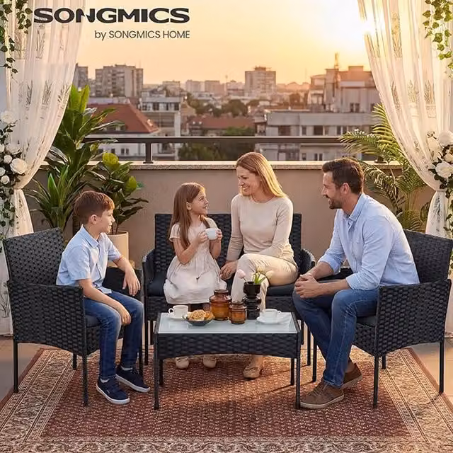 SONGMICS Modern Polyrattan Garden Furniture Set in Black and Grey