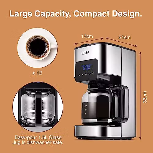 VonShef Digital Electric Filter Coffee Machine with 1.5L Capacity, Keep Warm Function and Timer, Silver and Black – 4