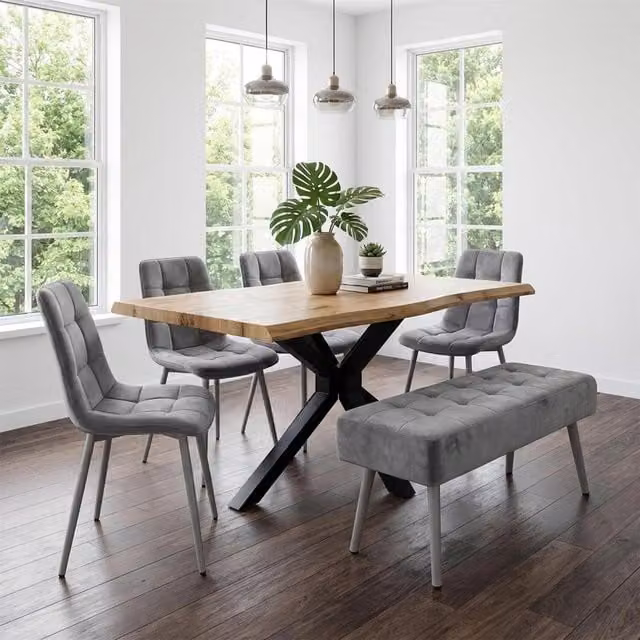 Kosy Koala Modern Rectangular Dining Table Set with Velvet Chairs and Bench in Grey