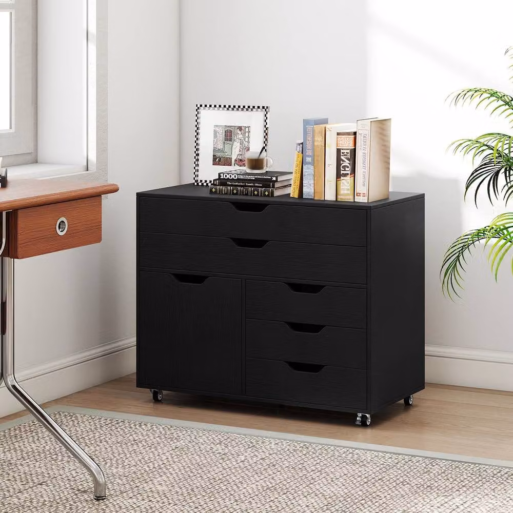 Gymax Mobile Chest of Drawers and Lateral File Cabinet with Printer Stand and Doors in Black – 8