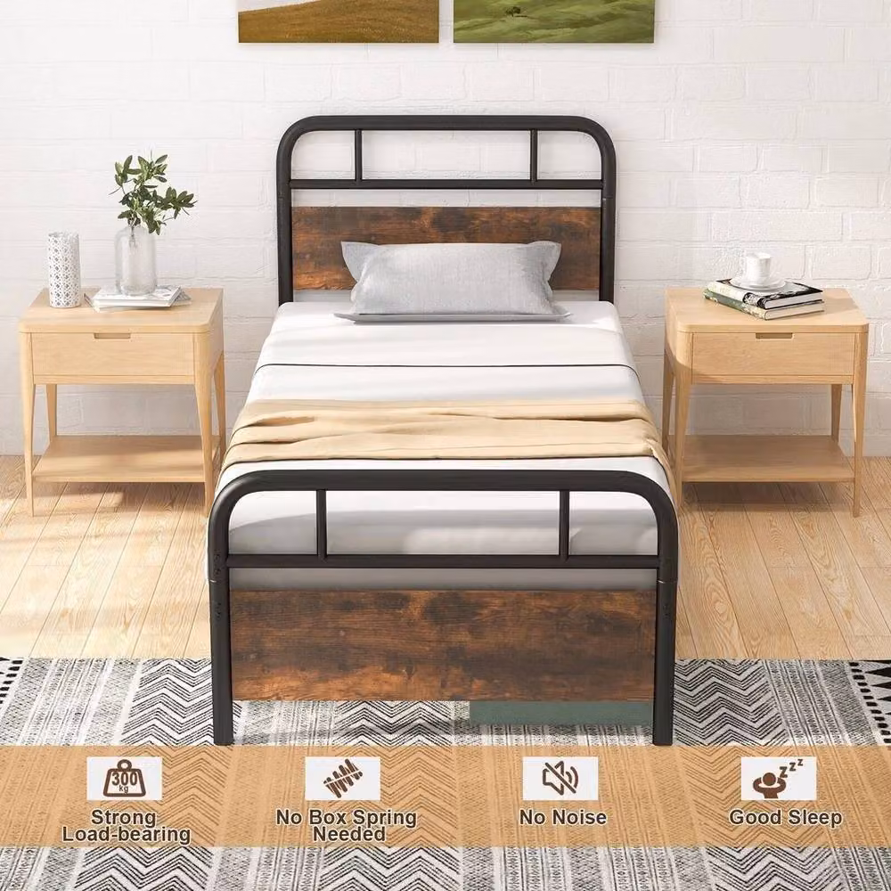 Kelvenix Single Bed Frame with Headboard and Footboard in Black Metal and Wood, W/D/H: 90 x 200 cm – 4