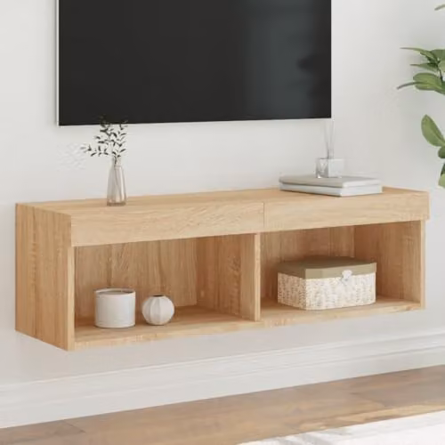 vidaXL Modern Wall Mounted TV Cabinet with Integrated LED Lights in Brown Oak, W/D/H: 100 x 30 x 30 cm – 2